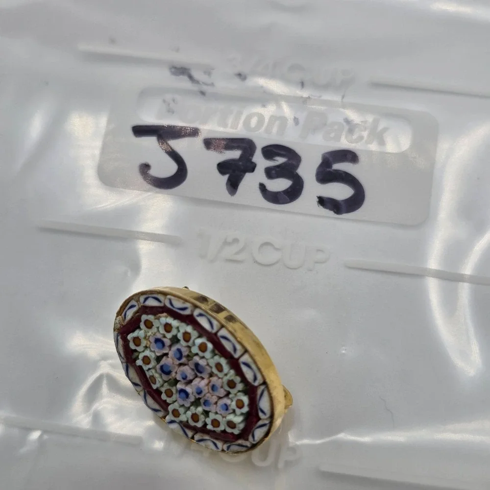 Vintage Micro Mosaic Oval Brooch Floral Design Gold‎ Tone ITALY Pin Jewerly